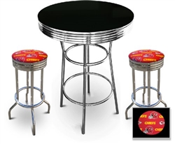 3 Piece Pub/Bar Table Set with 2 – 29” Swivel Stools Featuring Kansas City Chiefs NFL Fabric Covered Seat Cushions