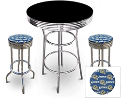 3 Piece Pub/Bar Table Set with 2 – 29” Swivel Stools Featuring Detriot Lions NFL Fabric Covered Seat Cushions