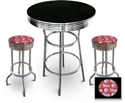 3 Piece Pub/Bar Table Set with 2 – 29” Swivel Stools Featuring New England Patriots NFL Fabric Covered Seat Cushions