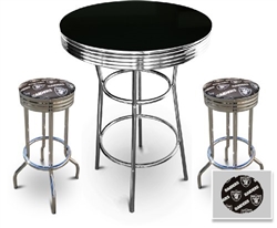 3 Piece Pub/Bar Table Set with 2 – 29” Swivel Stools Featuring Oakland Raiders NFL Fabric Covered Seat Cushions