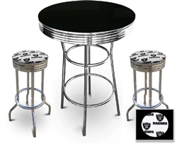 3 Piece Pub/Bar Table Set with 2 – 29” Swivel Stools Featuring Oakland Raiders White NFL Fabric Covered Seat Cushions