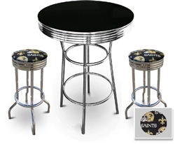 3 Piece Black / Chrome Bar Table & 2 Chrome Finish New Orleans Saints NFL Fabric Seat Barstools