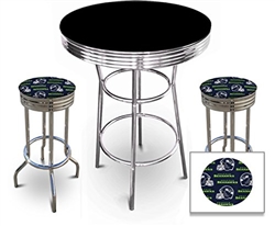 3 Piece Pub/Bar Table Set with 2 – 29” Swivel Stools Featuring Seattle Seahawks NFL Fabric Covered Seat Cushions