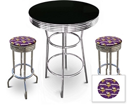 3 Piece Pub/Bar Table Set with 2 – 29” Swivel Stools Featuring Minnesota Vikings NFL Fabric Covered Seat Cushions