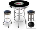 New Gasoline Themed 3 Piece Chrome Bar Table Set with 2 Stools Featuring Buffalo Gasoline Logo Theme and Seat Cushion Color