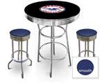 New Gasoline Themed 3 Piece Chrome Bar Table Set with 2 Stools Featuring American Gasoline Logo Theme and Seat Cushion Color