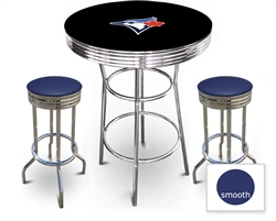 3 Piece Black Pub/Bar Table Featuring the Toronto Blue Jays MLB Team Logo Decal and 2 Blue Vinyl Covered Cushions on Swivel Stools