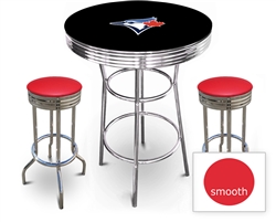 3 Piece Black Pub/Bar Table Featuring the Toronto Blue Jays MLB Team Logo Decal and 2 Red Vinyl Covered Cushions on Swivel Stools