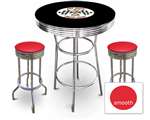 New Gasoline Themed 3 Piece Chrome Bar Table Set with 2 Stools Featuring Fat Boys Gasoline Logo Theme and Seat Cushion Color