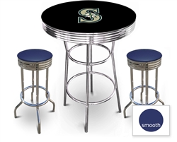 3 Piece Black Pub/Bar Table Featuring the Seattle Mariners MLB Team Logo Decal and 2 Blue Vinyl Covered Cushions on Swivel Stools