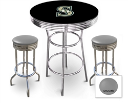 3 Piece Black Pub/Bar Table Featuring the Seattle Mariners MLB Team Logo Decal and 2 Gray Vinyl Covered Cushions on Swivel Stools