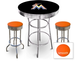 3 Piece Black Pub/Bar Table Featuring the Miami Marlins MLB Team Logo Decal and 2 Orange Vinyl Covered Cushions on Swivel Stools