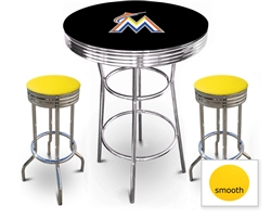 3 Piece Black Pub/Bar Table Featuring the Miami Marlins MLB Team Logo Decal and 2 Yellow Vinyl Covered Cushions on Swivel Stools