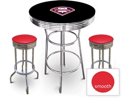 3 Piece Black Pub/Bar Table Featuring the Philadelphia Phillies MLB Team Logo Decal and 2 Red Vinyl Covered Cushions on Swivel Stools