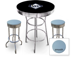 3 Piece Black Pub/Bar Table Featuring the Tampa Bay Rays MLB Team Logo Decal and 2 Baby Blue Vinyl Covered Cushions on Swivel Stools
