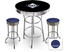 3 Piece Black Pub/Bar Table Featuring the Tampa Bay Rays MLB Team Logo Decal and 2 Blue Vinyl Covered Cushions on Swivel Stools