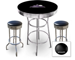 3 Piece Black Pub/Bar Table Featuring the Colorado Rockies MLB Team Logo Decal and 2 Black Vinyl Covered Cushions on Swivel Stools