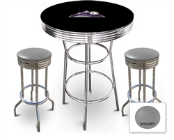3 Piece Black Pub/Bar Table Featuring the Colorado Rockies MLB Team Logo Decal and 2 Gray Vinyl Covered Cushions on Swivel Stools