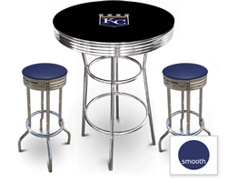 3 Piece Black Pub/Bar Table Featuring the Kansas City Royals MLB Team Logo Decal and 2 Blue Vinyl Covered Cushions on Swivel Stools