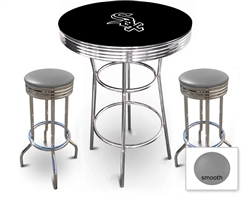 3 Piece Black Pub/Bar Table Featuring the Chicago White Sox MLB Team Logo Decal and 2 Gray Vinyl Covered Cushions on Swivel Stools