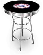 New Vintage Gasoline Themed 42" Tall Chrome Metal Bar Table with Black Table Top Featuring American Gasoline Logo Theme!