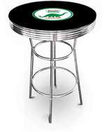 New Vintage Gasoline Themed 42" Tall Chrome Metal Bar Table with Black Table Top Featuring Dino Gasoline Logo Theme!