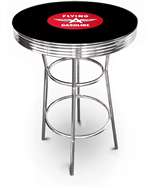 New Vintage Gasoline Themed 42" Tall Chrome Metal Bar Table with Black Table Top Featuring Flying A Gasoline Logo Theme!