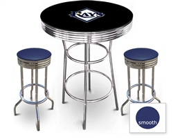 3 Piece Black Pub/Bar Table Featuring the Tampa Bay Rays MLB Team Logo Decal with a glass top and 2 Blue Vinyl Covered Cushions on Swivel Stools