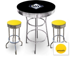 3 Piece Black Pub/Bar Table Featuring the Tampa Bay Rays MLB Team Logo Decal with a glass top and 2 Yellow Vinyl Covered Cushions on Swivel Stools