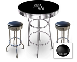 3 Piece Black Pub/Bar Table Featuring the Chicago White Sox MLB Team Logo Decal with a glass top and 2 Black Vinyl Covered Cushions on Swivel Stools
