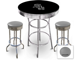 3 Piece Black Pub/Bar Table Featuring the Chicago White Sox MLB Team Logo Decal with a glass top and 2 Gray Vinyl Covered Cushions on Swivel Stools