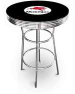 New Vintage Gasoline Themed 42" Tall Chrome Metal Bar Table with Black Table Top Featuring Mobil Gas Logo Theme!