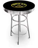 New Vintage Gasoline Themed 42" Tall Chrome Metal Bar Table with Black Table Top Featuring Polly Gas Logo Theme!