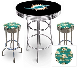 3 Piece Black Pub/Bar Table Featuring the Miami Dolphins NFL Team Logo Decal and 2-29" Team Fabric and Clear Vinyl Covered Cushions on Swivel Bar Stools