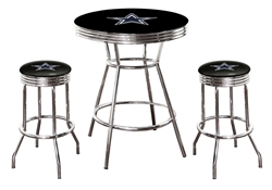 3 Piece Black Pub/Bar Table Featuring the Dallas Cowboys NFL Team Logo Decal Glass Top and 2-29" Colored Vinyl Covered Swivel Seat Cushions with Team Logo Decals