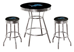 3 Piece Black Pub/Bar Table Featuring the Detroit Lions NFL Team Logo Decal  Glass Top and 2-29" Colored Vinyl Covered Swivel Seat Cushions with Team Logo Decals
