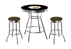 3 Piece Black Pub/Bar Table Featuring the Pittsburgh Steelers NFL Team Logo Decal and 2-29" Team Logo Fabric Covered Swivel Stools