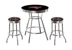 Tampa Bay Buccaneers Black Pub/Bar Table 3 Pc Set NFL Team Logo Decal and 2-29" Swivel Seat Team Logo Fabric Covered Cushions