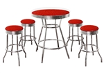 Red Glitter Vinyl Covered Bar Table with Glass Top and 4 - 29" Retro Style Chrome Stools with Red Glitter Vinyl Covered Swivel Seat Cushions