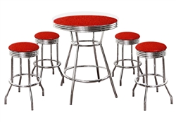Red Glitter Vinyl Covered Bar Table with Glass Top and 4 - 29" Retro Style Chrome Stools with Red Glitter Vinyl Covered Swivel Seat Cushions