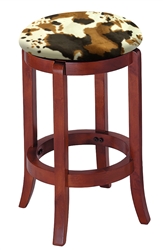 24" Tall Cherry Finish Swivel Seat Bar Stool with a Cowhide Faux Fur Covered Seat Cushion