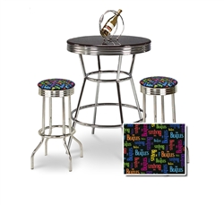 3 Piece Black / Chrome Bar Table & 2 Chrome Finish Beatles Rainbow Fabric Seat Barstools