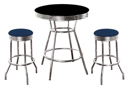 3 Piece Black / Chrome Bar Table & 2 Chrome Finish Blue Vinyl Seat Barstools