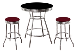 3 Piece Black / Chrome Bar Table & 2 Chrome Finish Burgundy Vinyl Seat Barstools