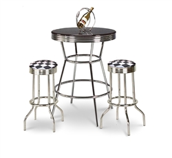 3 Piece Black / Chrome Bar Table & 2 Chrome Finish Checkered Flag Fabric Seat Barstools