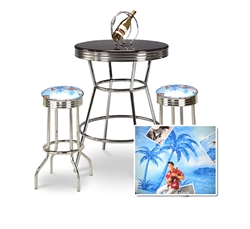 3 Piece Black / Chrome Bar Table & 2 Chrome Finish Elvis Presley Fabric Seat Barstools