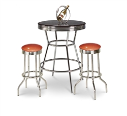 3 Piece Black / Chrome Bar Table & 2 Chrome Finish Glitter Copper Vinyl Seat Barstools