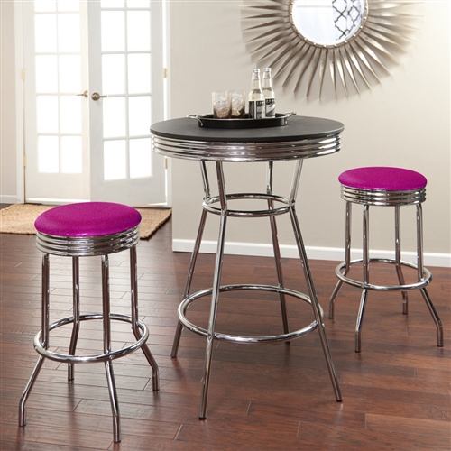 3 Piece Black Chrome Bar Table 2 Chrome Finish Glitter Hot Pink Vinyl Seat Barstools