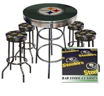 PITTSBURGH STEELERS LOGO METAL CHROME BAR TABLE GLASS TOP W/ 4 BLACK FABRIC CUSHION SWIVEL BAR STOOLS