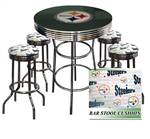 PITTSBURGH STEELERS LOGO METAL CHROME BAR TABLE GLASS TOP W/ 4WHITE FABRIC CUSHION SWIVEL BAR STOOLS